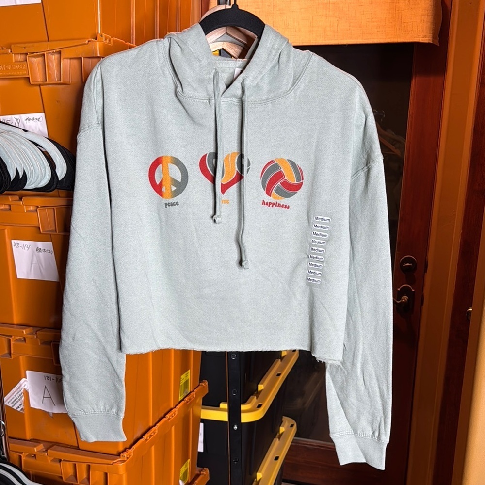Independent Trading Co Lennon Cropped Peace Love Happiness Hoodie Sage Sz Medium